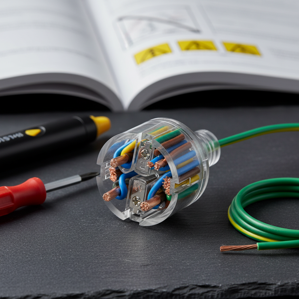 A close-up, photographic view of a transparent plastic electrical plug cutaway resting on a dark slate surface, revealing meticulously arranged copper conductors, color-coded insulation, and tiny labeled screw terminals inside. Around it lie carefully positioned insulated tools: a red-handled precision screwdriver, a voltage tester pen, and neatly coiled green-yellow grounding wire. The background fades into a soft blur of a gray technical manual open to a safety diagram. Cool, directional studio lighting from the right casts precise, clean shadows and accentuates textures of metal and plastic. The composition uses a tight, centered framing with shallow depth of field, creating a focused, professional atmosphere that highlights safety, structure, and understanding of household electricity.