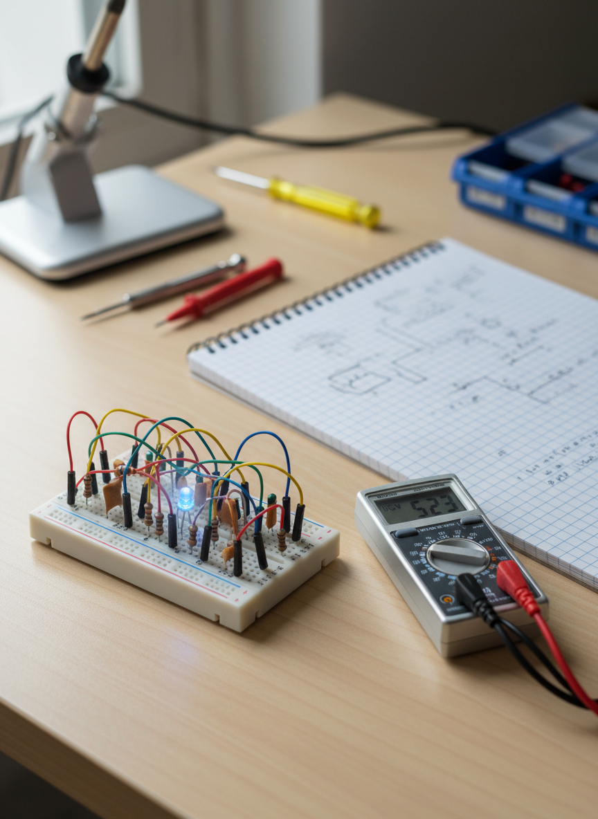 A neatly arranged workbench featuring a compact breadboard circuit with brightly colored jumper wires, precision resistors, and a small blue LED glowing softly. The components rest on a matte light-wood surface beside a slim digital multimeter and a spiral engineering notebook filled with clean grid paper and neatly sketched circuit diagrams. Soft, diffused daylight from an unseen window washes across the scene, creating gentle reflections on metallic leads and subtle shadows under each component. Captured at eye level with a slight diagonal composition and shallow depth of field, the foreground circuit is in crisp, photographic focus while the background tools blur into a calm, professional atmosphere, conveying the excitement and orderliness of learning basic electricity.